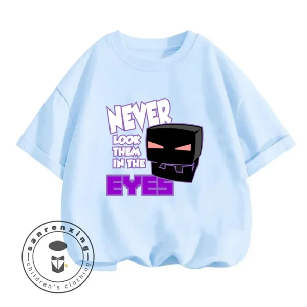 Kids Minecraft summer t-shirt featuring a colorful cartoon print inspired by the game and short sleeves.