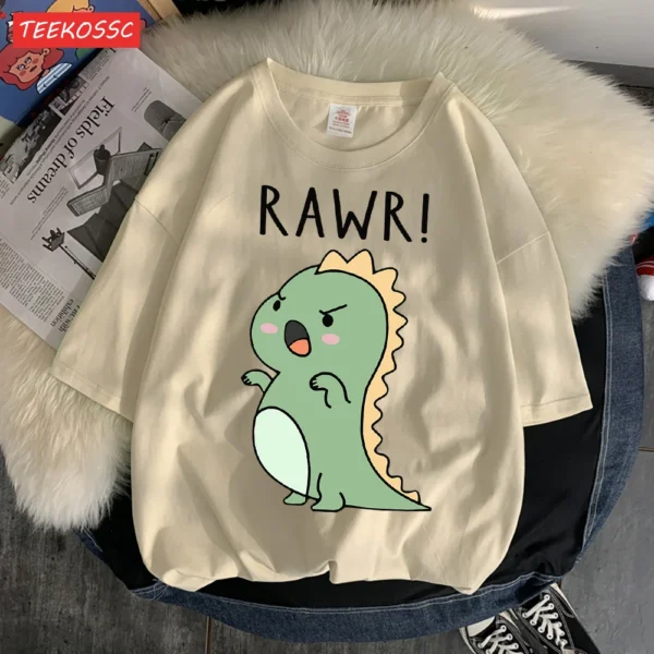 Women's regular fit short sleeve t-shirt with a fierce cartoon dinosaur print on the front.