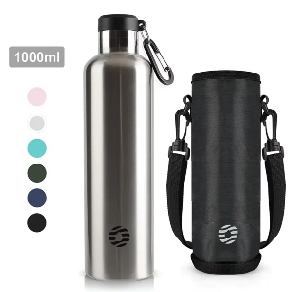 FEIJIAN 1L silver stainless steel vacuum insulated water bottle with leak-proof cap.
