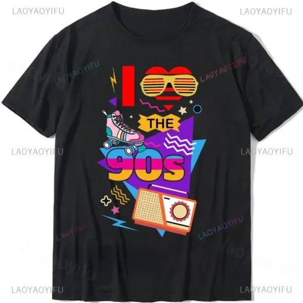 Woman wearing a white 'I Love The 90s / Take Me Back To The 90s' retro graphic tee against a plain background.