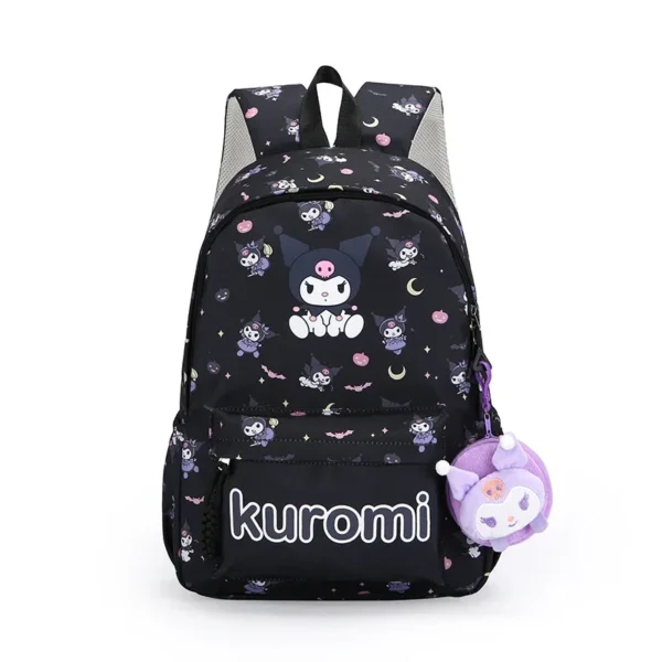 MINISO Sanrio Characters kawaii nylon backpack for girls with matching wallet charm.