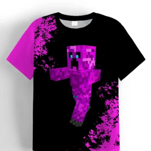 Boys' short sleeve O-neck t-shirt featuring a cartoon Minecraft graphic print - gamer apparel for kids.