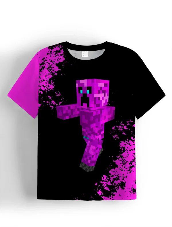 Boys' short sleeve O-neck t-shirt featuring a cartoon Minecraft graphic print - gamer apparel for kids.