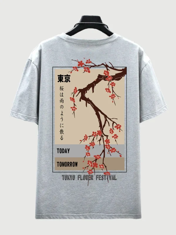 Men's O-neck cotton t-shirt featuring 'Tokyo Flower Festival' graphic print - summer streetwear style.