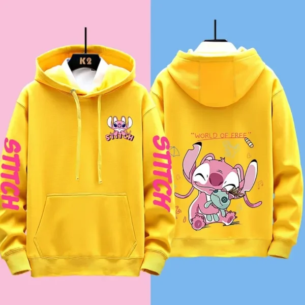 Couple wearing matching grey Disney Stitch pullover hoodies sweatshirt set - official licensed apparel.