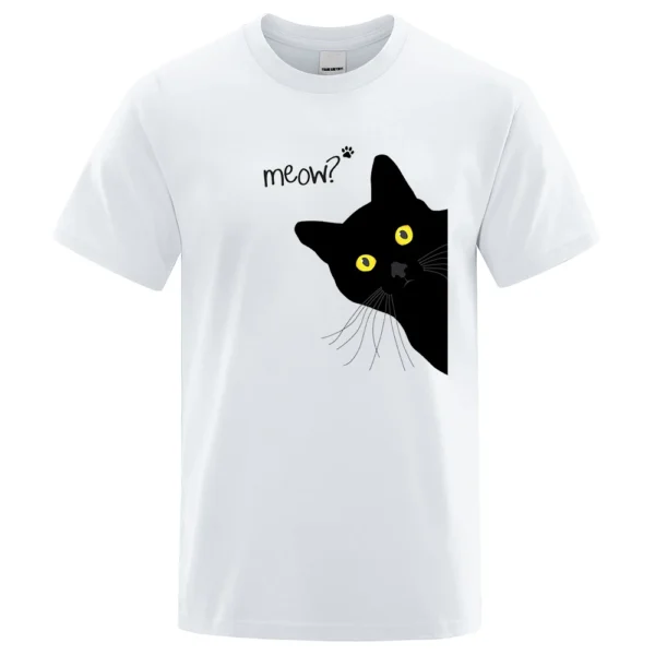 Men's oversized black cotton t-shirt with a funny cartoon black cat print and the word 'Meow'. Streetwear style.