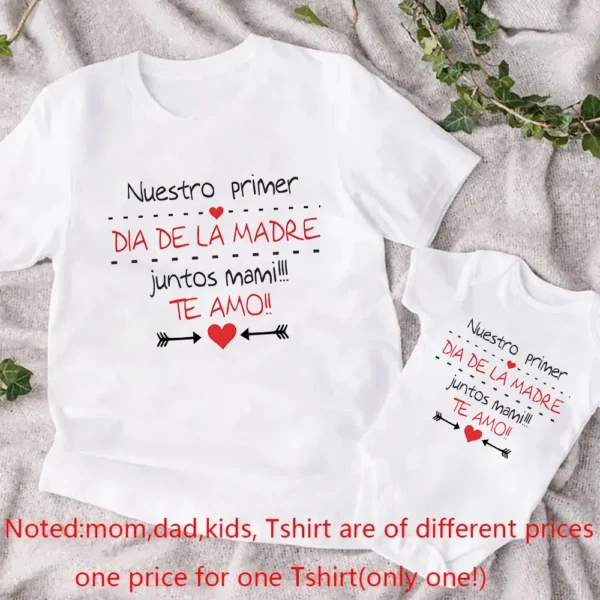 Mom and baby wearing matching white 'Our First Mother's Day' t-shirt and bodysuit outfit set.