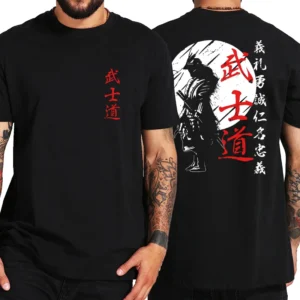 Back view of Men's oversized black t-shirt with white Japanese Samurai warrior graphic print.