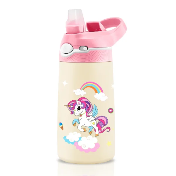 Pink and white unicorn kids insulated stainless steel water bottle 400ML BPA-free.