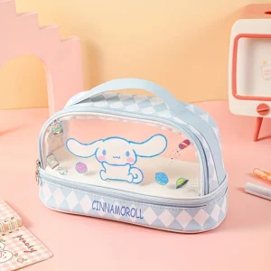 MINISO Hello Kitty and Kuromi large PU leather cosmetic bag with internal organizer compartments shown on white background.