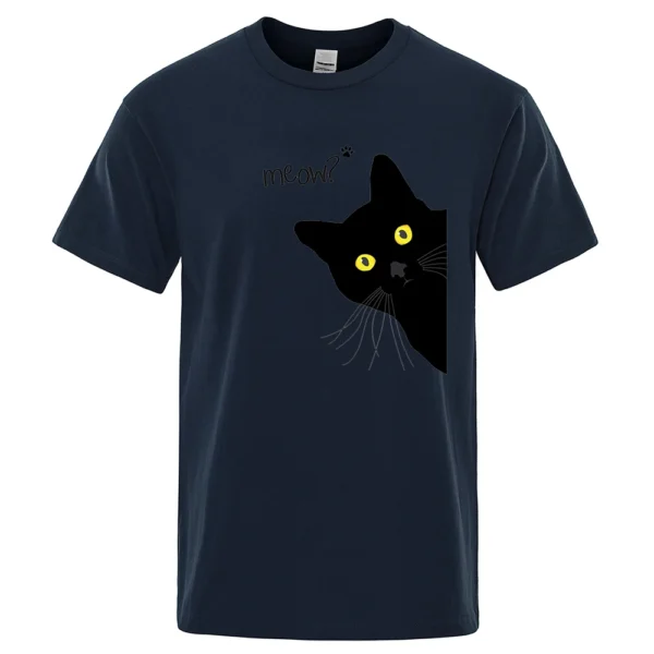 Men's oversized black cotton t-shirt with a funny cartoon black cat print and the word 'Meow'. Streetwear style.
