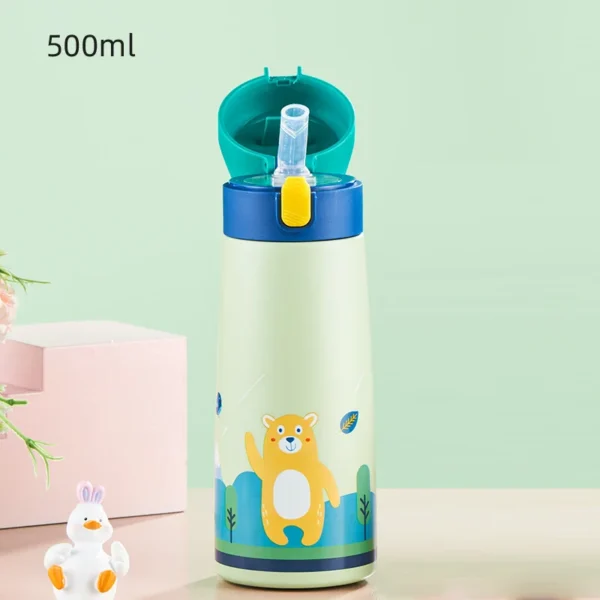 Stainless steel kids thermos water bottle with integrated straw and colourful cartoon design