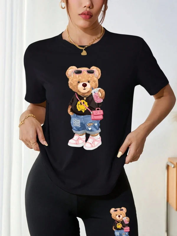 Women's bear & milk tea print t-shirt and shorts set - cute summer two piece outfit