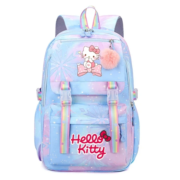 Front view of the MINISO Kuromi & Cinnamoroll backpack showing the cute character print on a large nylon bag.