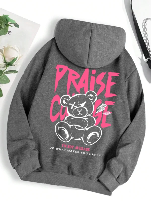 Woman wearing cute bear print fleece-lined hoodie warm autumn streetwear sweatshirt.