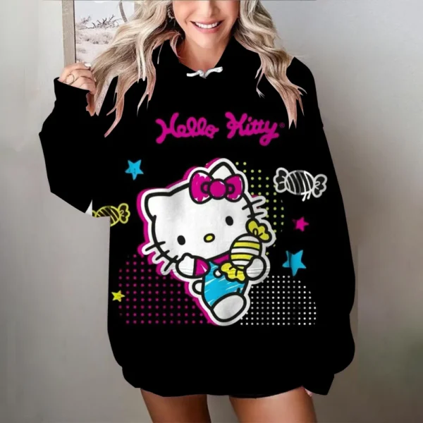 Women's black and white oversized Hello Kitty sweatshirt with long sleeves. Y2K style loose fit pullover top.