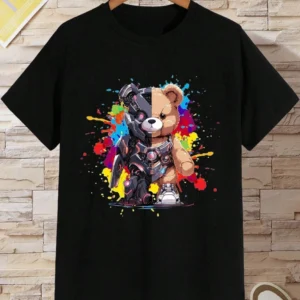 Women's regular fit t-shirt with a detailed Mech Warrior Bear graphic print on the front.