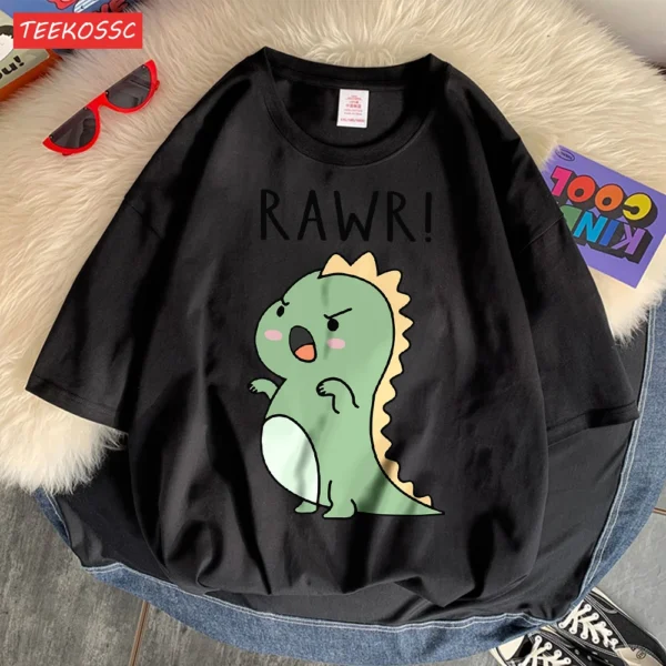 Women's regular fit short sleeve t-shirt with a fierce cartoon dinosaur print on the front.