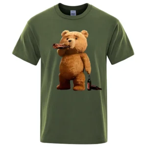 Men's grey casual t-shirt with a funny graphic print showing a cartoon teddy bear drinking a pint of beer.