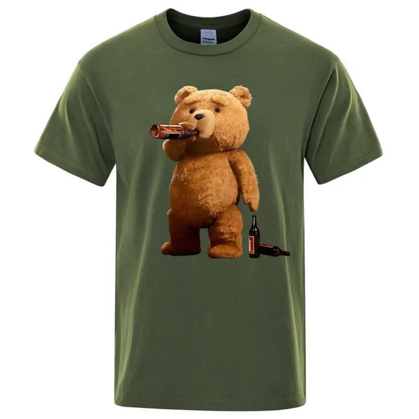 Men's grey casual t-shirt with a funny graphic print showing a cartoon teddy bear drinking a pint of beer.