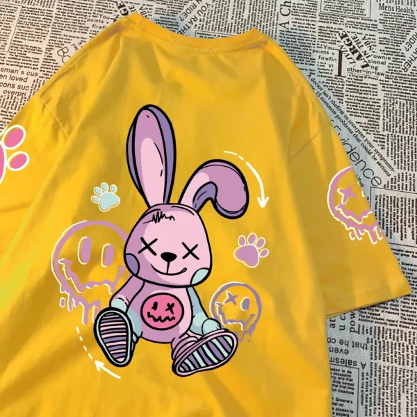 Women's casual t-shirt with a cool cartoon rabbit graphic print. Soft streetwear style tee.