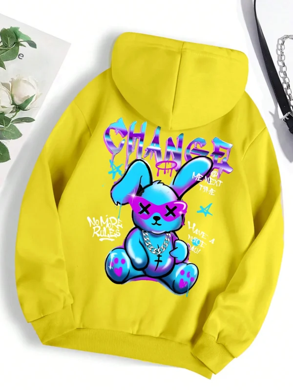 Women's oversized kawaii streetwear sweatshirt with rabbit cartoon print and cozy artificial fur lining.