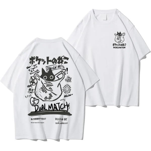 Unisex white t-shirt with large kawaii cartoon cat graphic print on the front