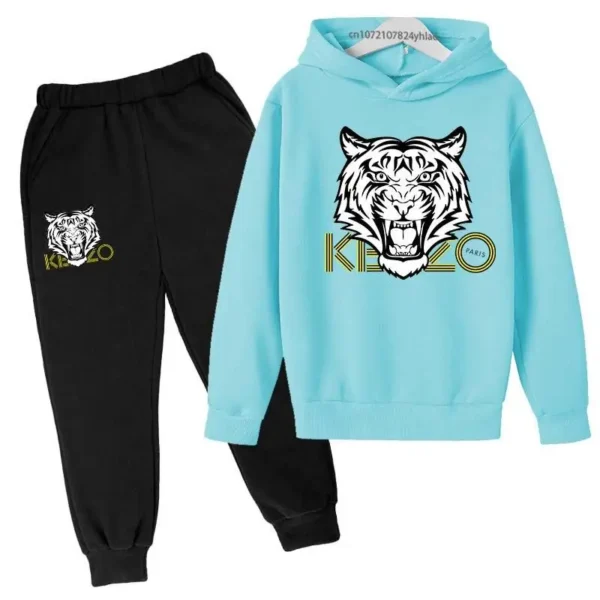 Unisex kids hoodie and pants set with bold tiger head print on the hooded sweatshirt - front view.