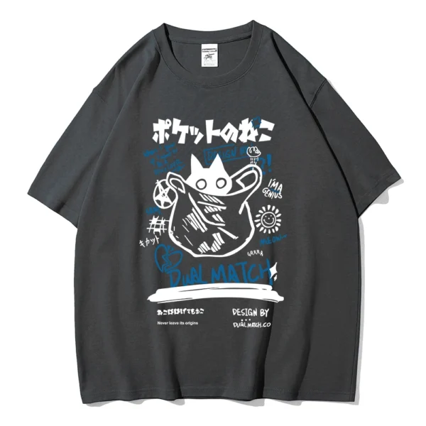 Unisex white t-shirt with large kawaii cartoon cat graphic print on the front