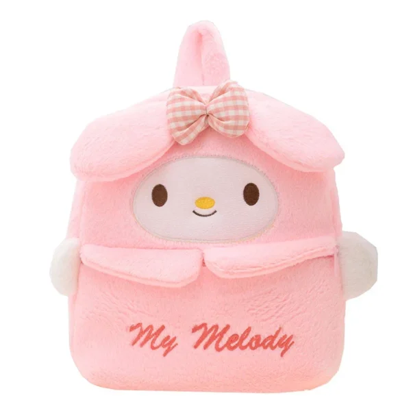 Front view of the MINISO plush backpack featuring cute Kuromi and Cinnamoroll Sanrio characters.
