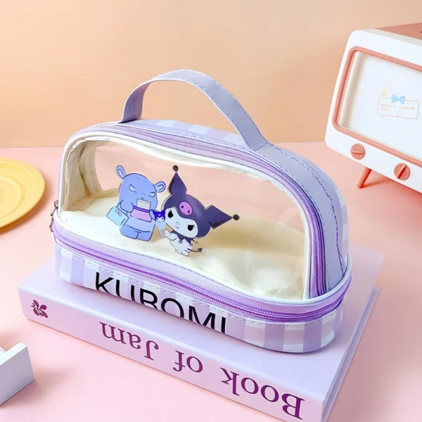 MINISO Hello Kitty and Kuromi large PU leather cosmetic bag with internal organizer compartments shown on white background.