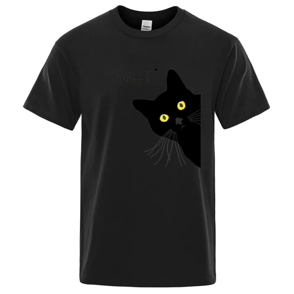 Men's oversized black cotton t-shirt with a funny cartoon black cat print and the word 'Meow'. Streetwear style.