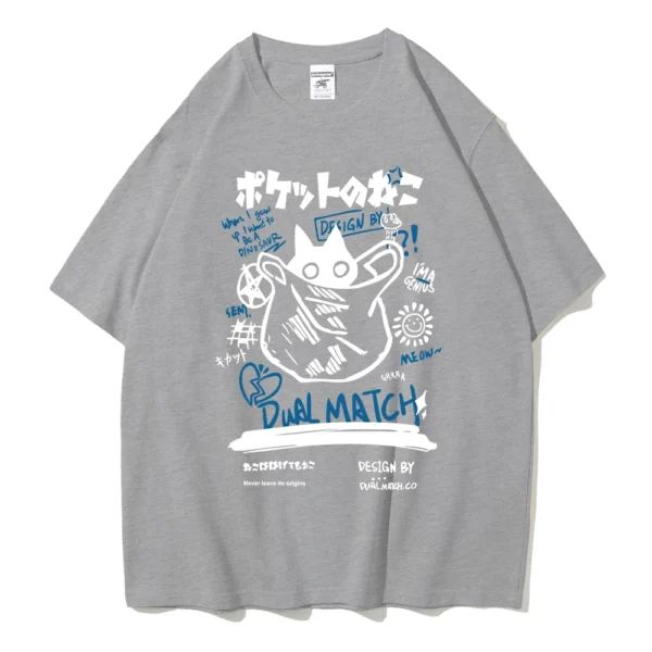 Unisex white t-shirt with large kawaii cartoon cat graphic print on the front