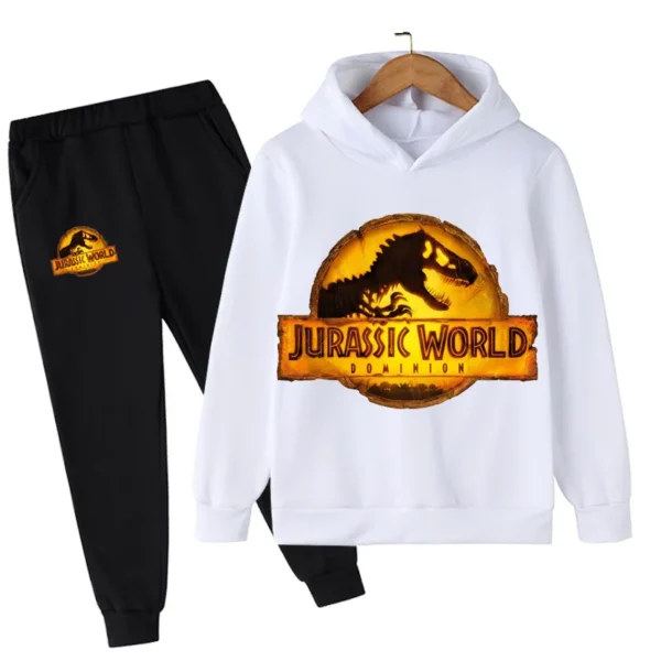 Child wearing fun dinosaur print hoodie and matching pants set - outfit for boys and girls.