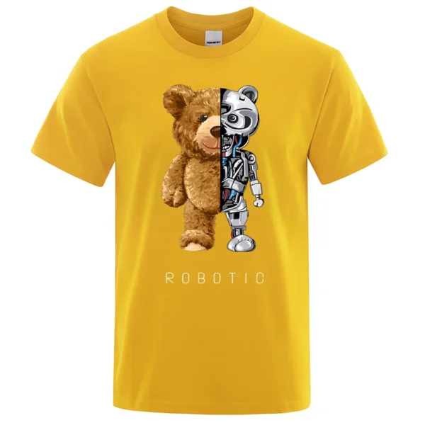 Men's oversized cotton t-shirt displaying a funny graphic of a robot teddy bear