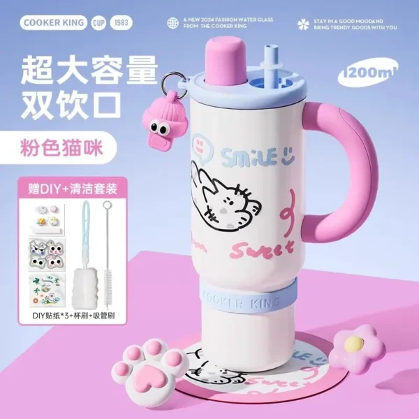 Large 1200ml silver 316 stainless steel insulated tumbler travel mug with reusable straw and secure lid.
