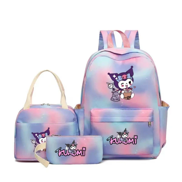 MINISO Kuromi and Cinnamoroll large capacity nylon backpack set with matching lunch bag and pencil case.