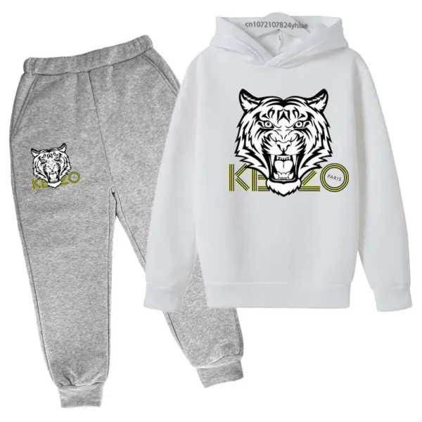 Unisex kids hoodie and pants set with bold tiger head print on the hooded sweatshirt - front view.