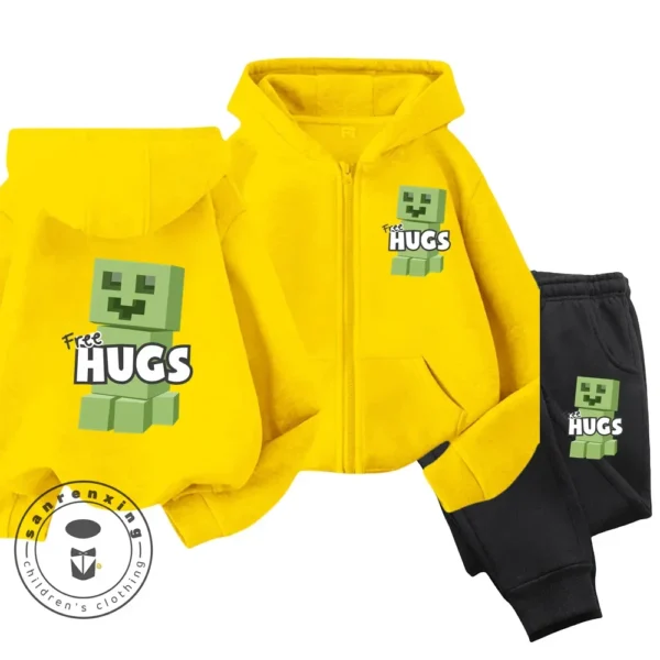 Child wearing Minecraft themed zipper hoodie and matching pants set with hood up.