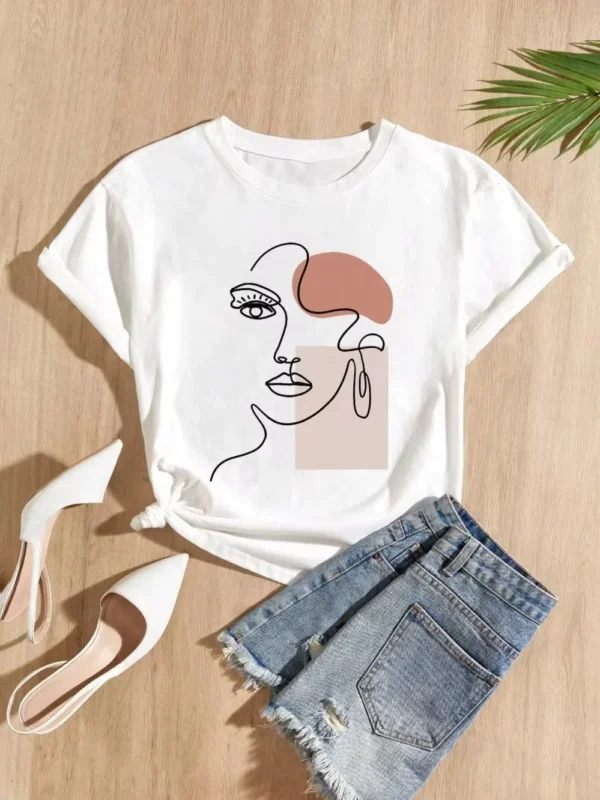 White 100% cotton women's t-shirt featuring a black minimalist artistic face print. Casual short sleeve crew neck graphic tee.