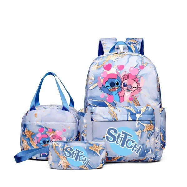 Stitch print 3-piece backpack set with matching tote bag and pencil pouch displayed together against a neutral background.