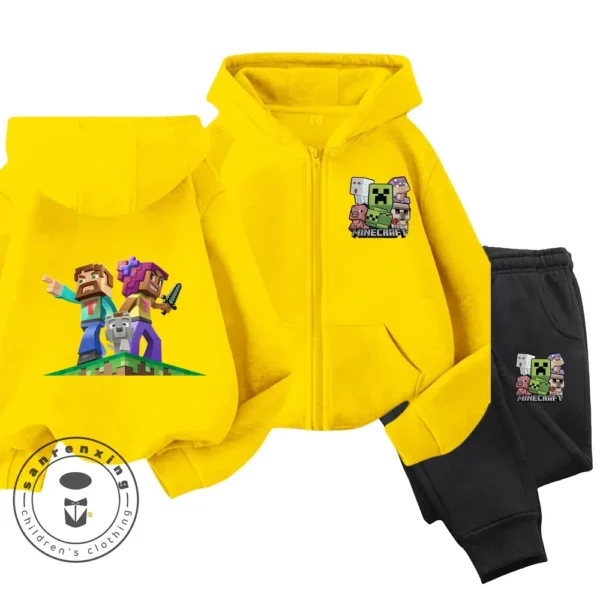 Child wearing Minecraft themed zipper hoodie and matching pants set with hood up.