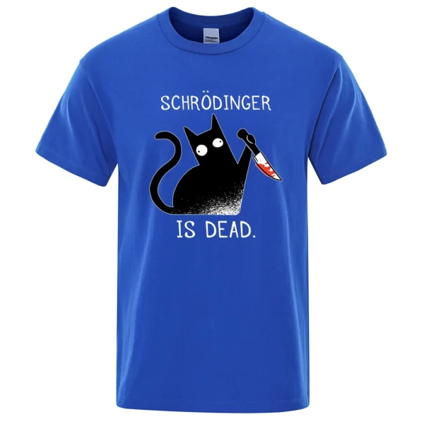 Men's black cotton t-shirt with funny 'Schrodinger Is Dead' black cat physics science graphic.