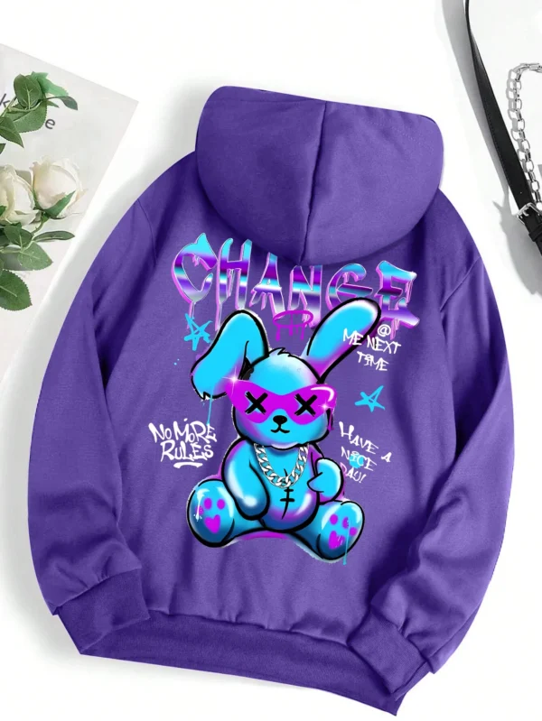 Women's oversized kawaii streetwear sweatshirt with rabbit cartoon print and cozy artificial fur lining.