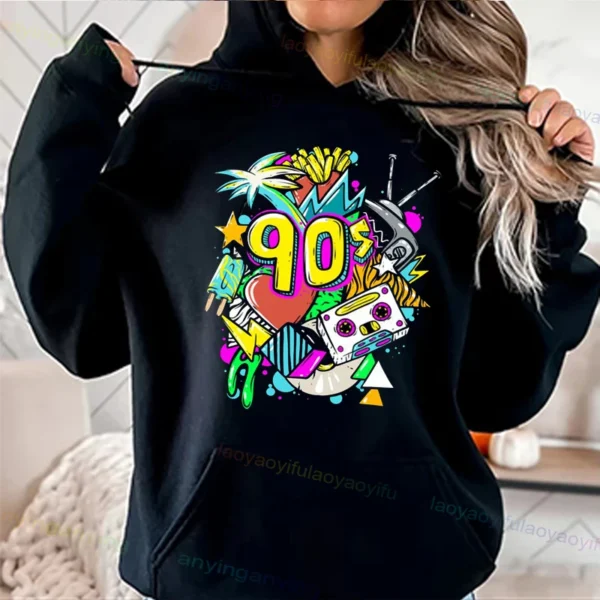 Woman wearing a vibrant neon hoodie with 'Take Me Back To The 90's' graphic print