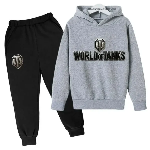 Kid wearing World of Tanks gaming tracksuit set with pullover hoodie and matching joggers - suitable for boys and girls.