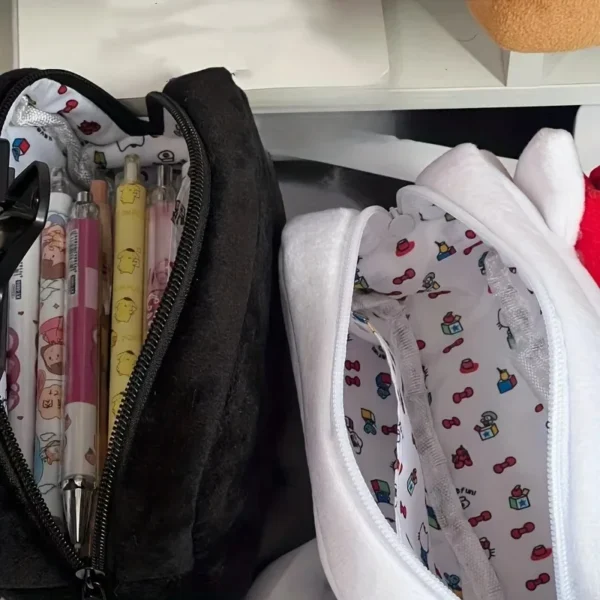 MINISO cute flannel pouch featuring Hello Kitty and Cinnamoroll cartoon design.