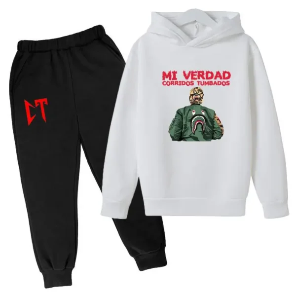 Kids unisex Corridos Tumbados print tracksuit set with pullover hoodie and pants - front view.