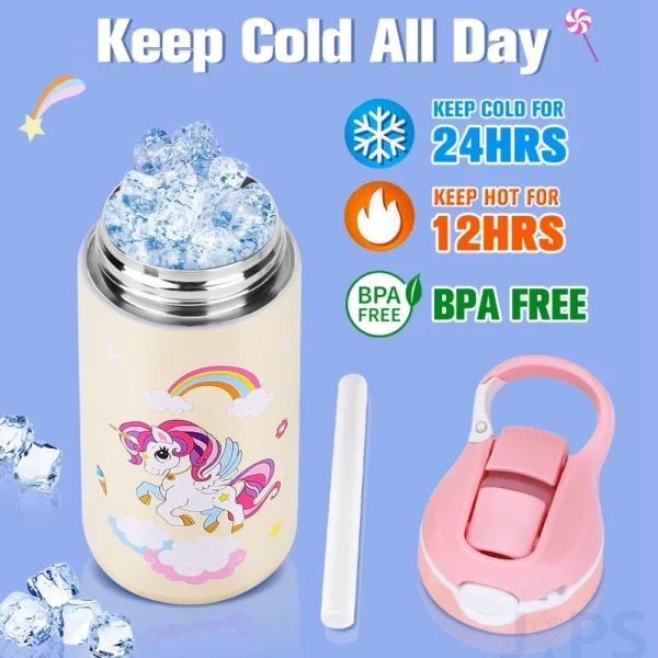 Pink and white unicorn kids insulated stainless steel water bottle 400ML BPA-free.