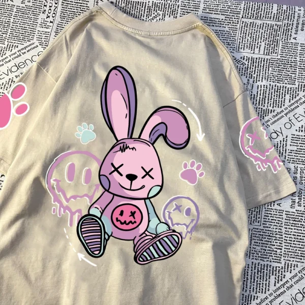 Women's casual t-shirt with a cool cartoon rabbit graphic print. Soft streetwear style tee.